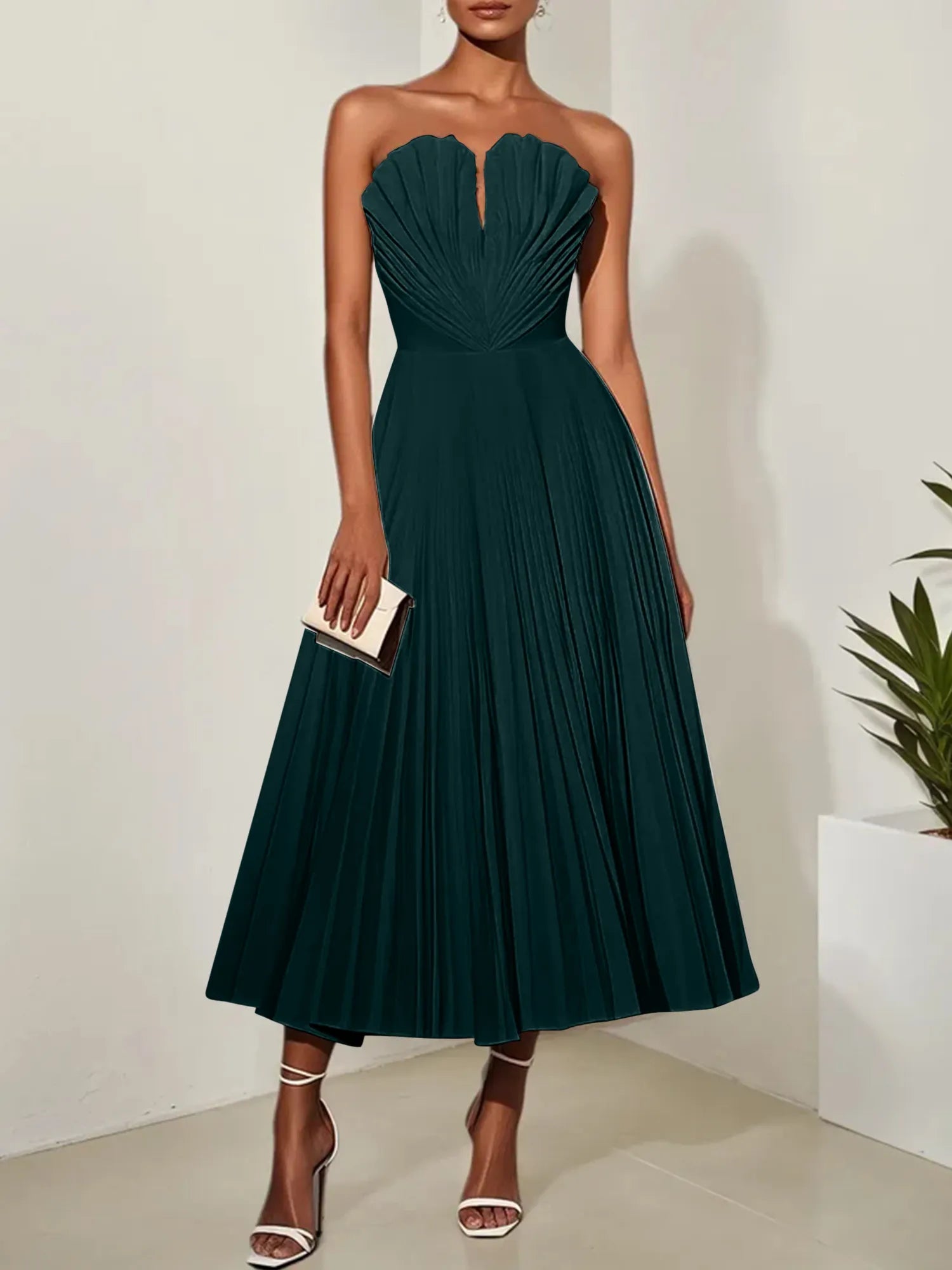 White Pleated Classic Strapless Sleeveless A-Line Midi Dress
