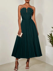 White Pleated Classic Strapless Sleeveless A-Line Midi Dress