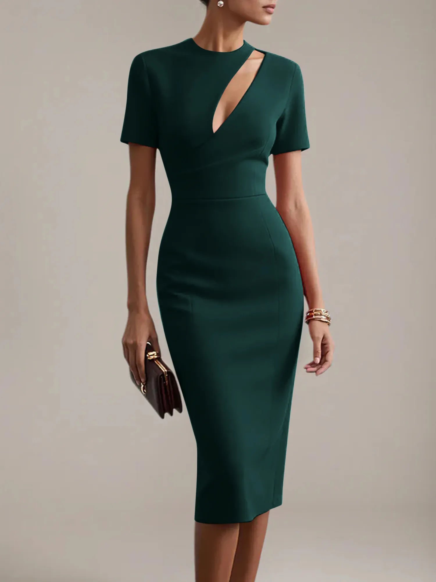 Column Stretch Crepe Scoop Neck Short Sleeves Tea Length Dresses