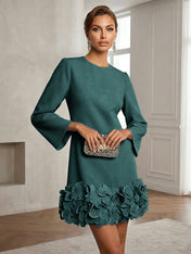 Powder Blue 3D Floral Classic Crew Neck Bell Long Sleeve Shift Mini Dress