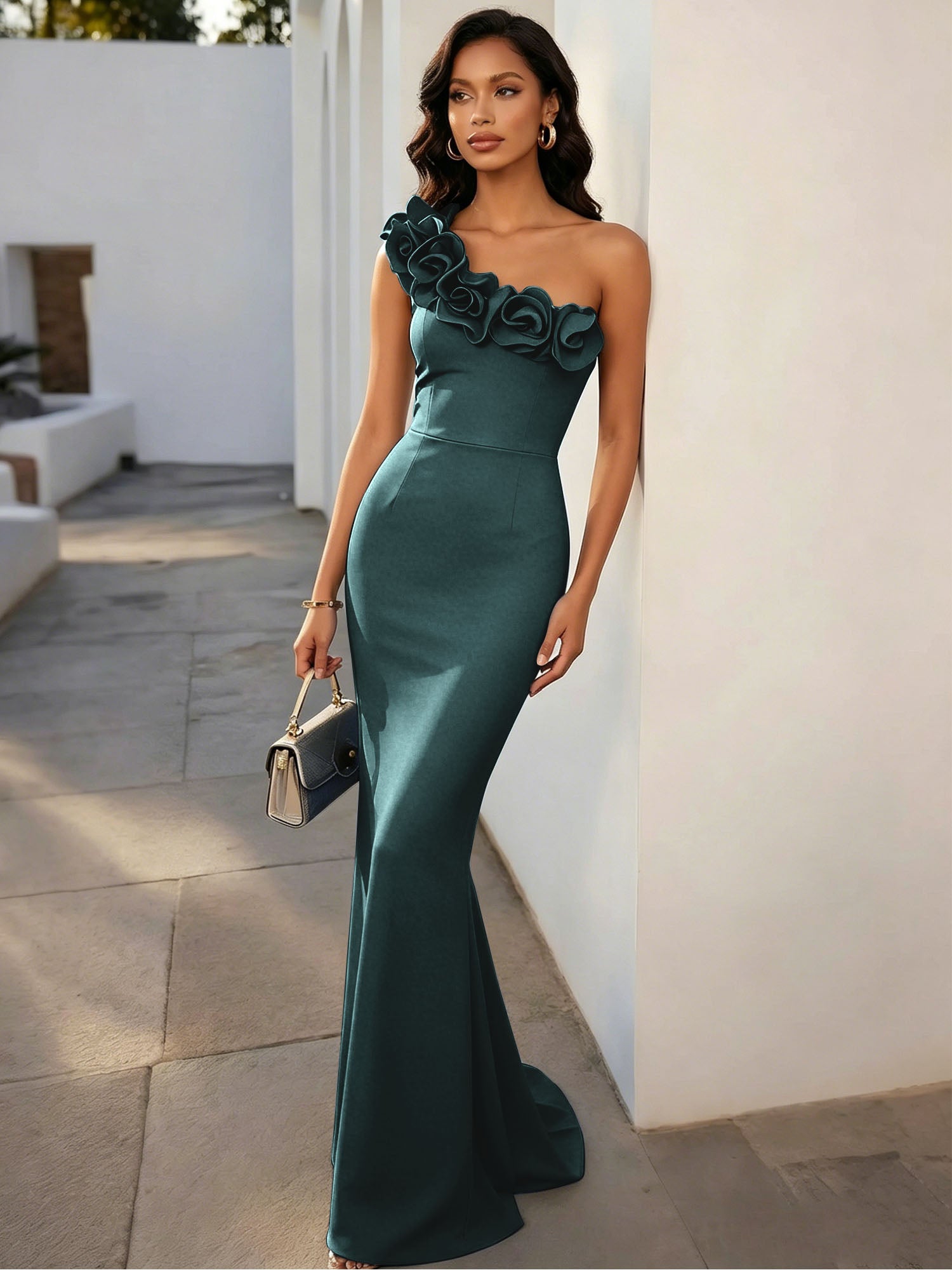 Navy Blue 3D Floral Classic One Shoulder Sleeveless Mermaid Gown Dress