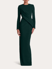 Red Sheath/Column Scoop Long Sleeves Chiffon Floor-Length Ruffles Formal Dress