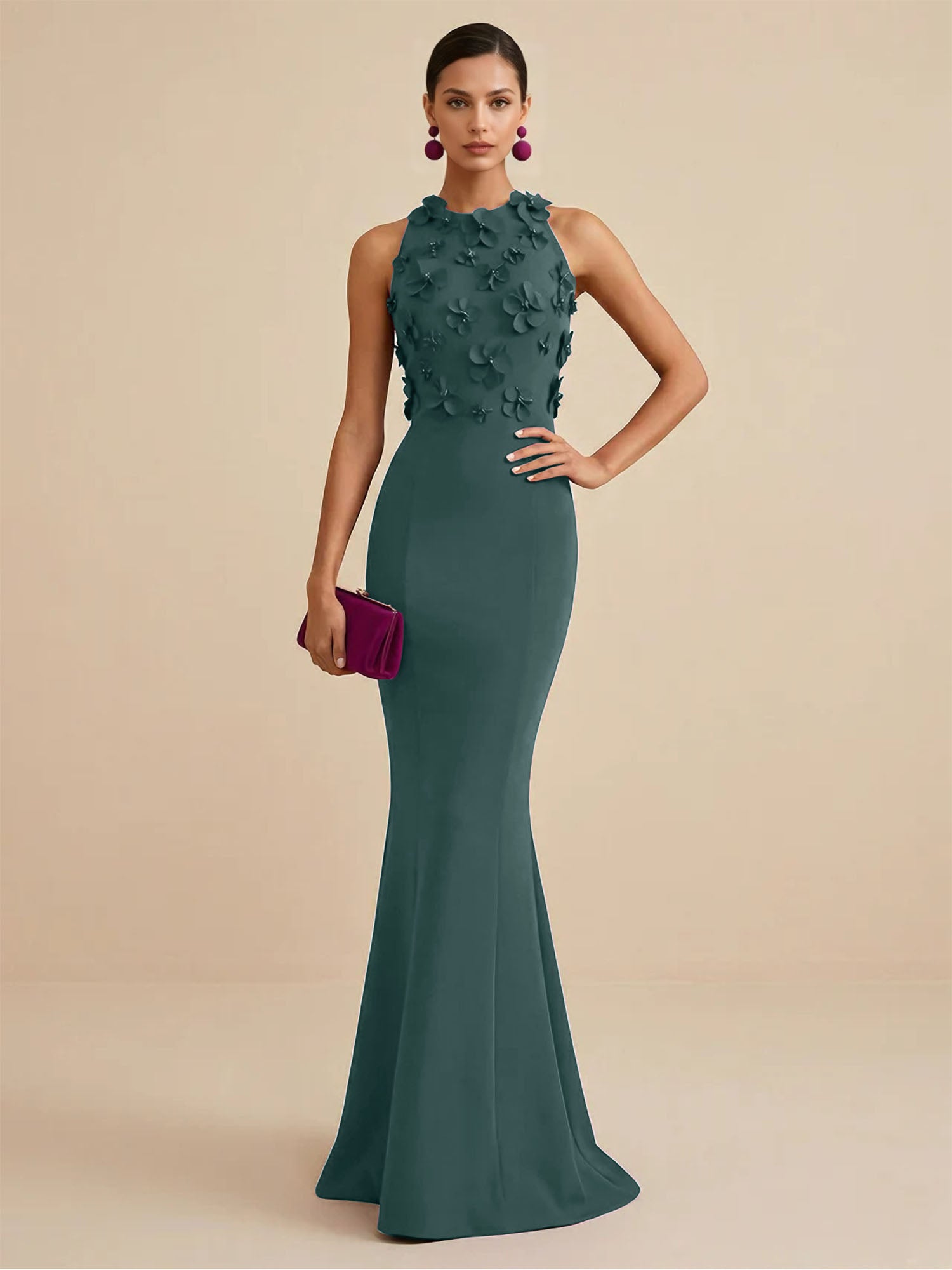 Deep Fuchsia Sleeveless High Neck 3D Floral Mermaid Formal Gown Evening Dress