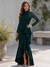 Burgundy Mock Neck Long Sleeve Ruffle Mermaid Floor-Length Gown Dress