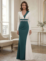 Elegant Navy & White Color-Block Long Sleeve Floor-Length Evening Gown Formal Dresses