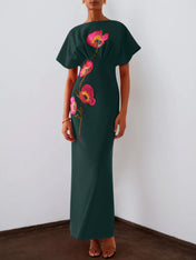 Red 3D Floral Appliqué Boat Neck Short Sleeve Backless Sheath Maxi Dress