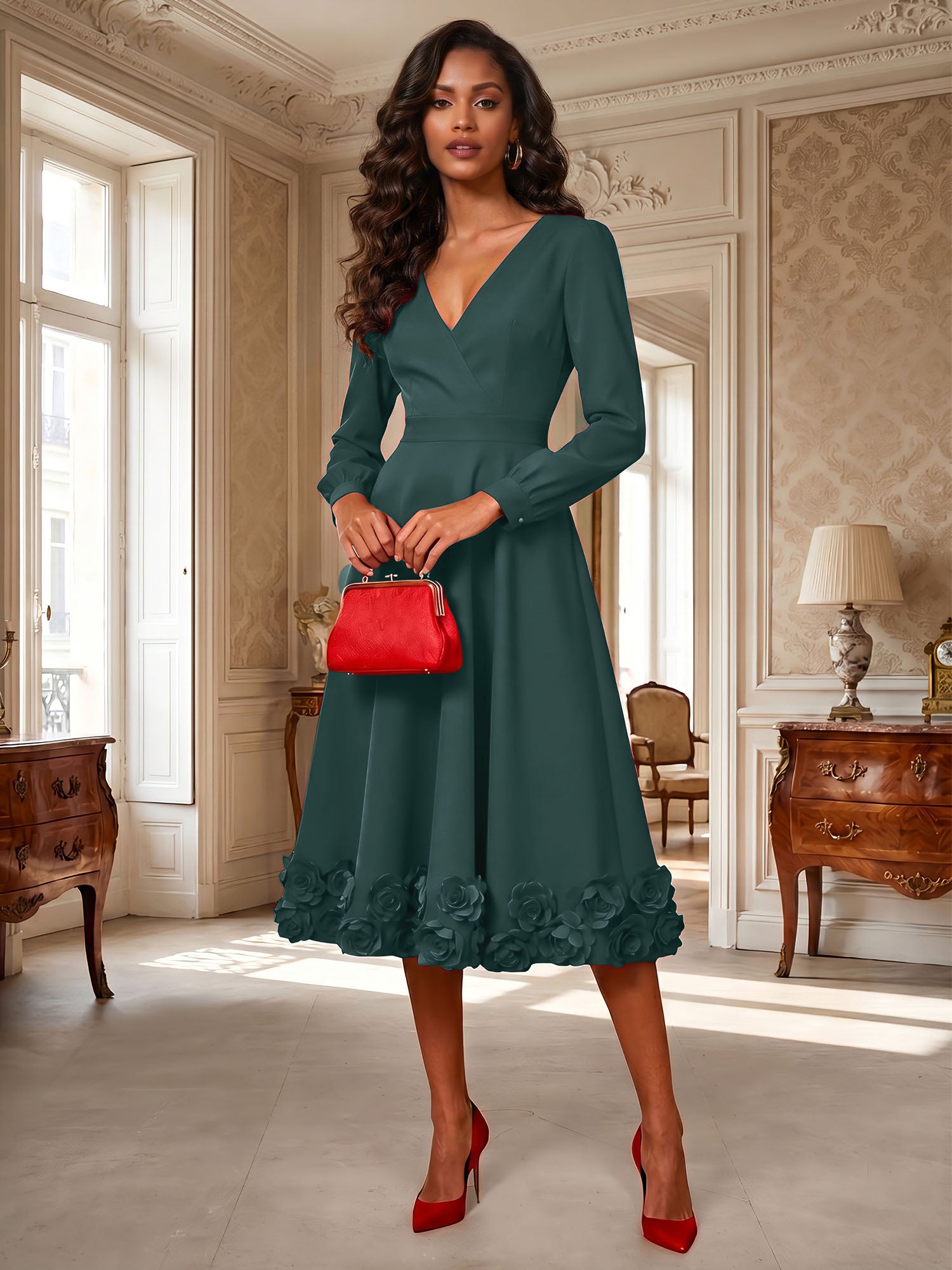 Formal Evening Gown Crimson 3D Rose Hem A-Line Midi Dress