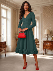 Formal Evening Gown Crimson 3D Rose Hem A-Line Midi Dress