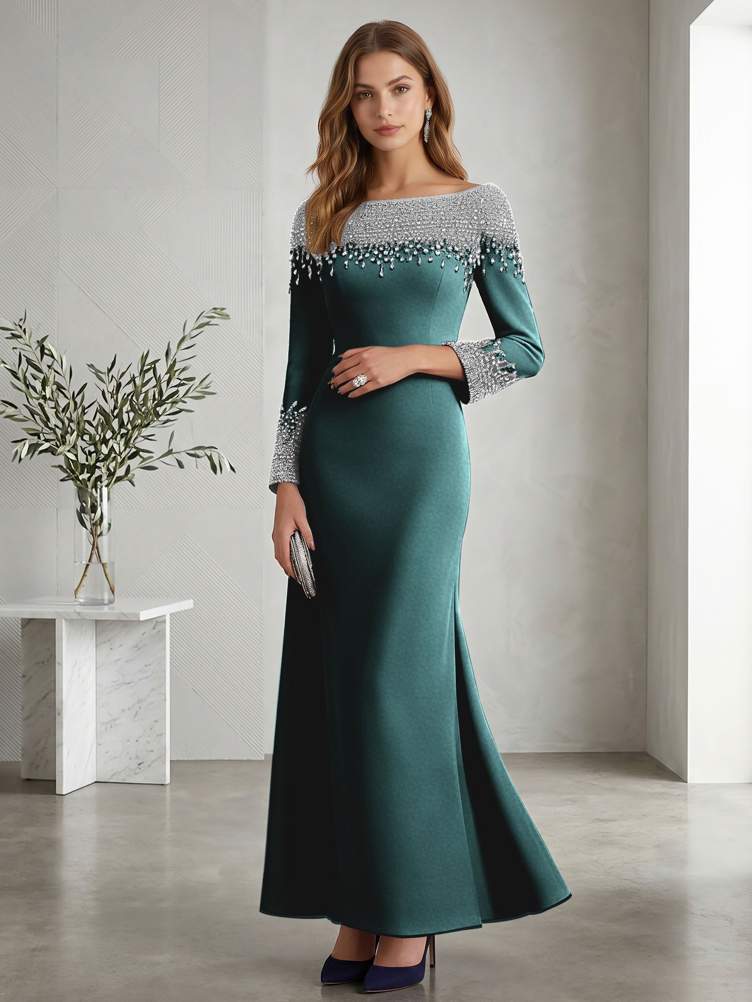 Formal Evening Dress Midnight Navy Velvet Long Sleeves Maxi Dress with Crystal