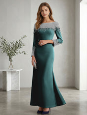 Formal Evening Dress Midnight Navy Velvet Long Sleeves Maxi Dress with Crystal
