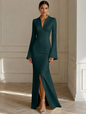 Formal Yellow V Neck Long Sleeves Floor Length Dress With Slit