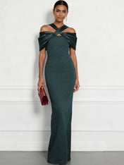 Regal Plum Crepe Column Gown with Satin Criss-Cross Halter Maxi Dress