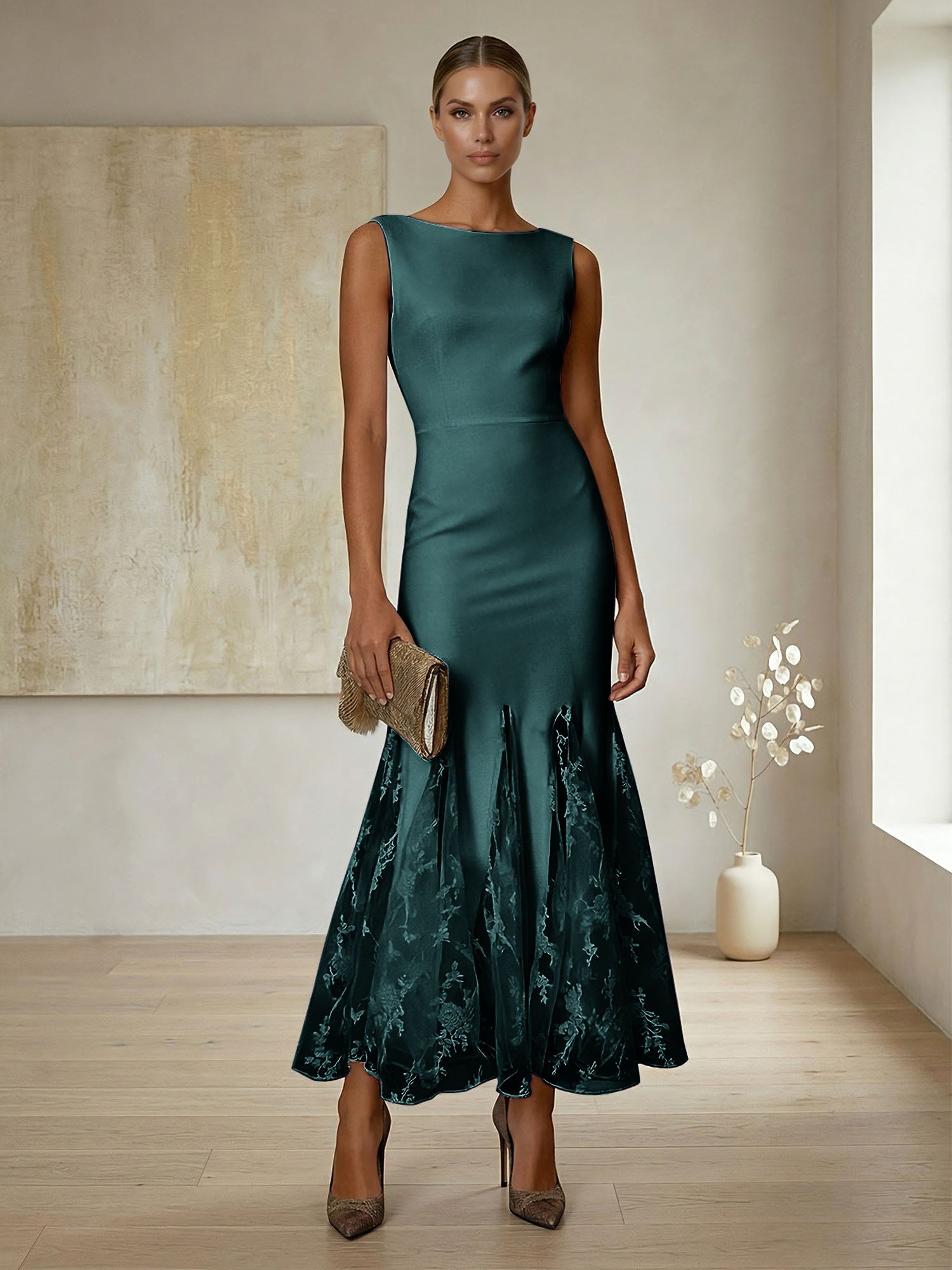 Elegant Formal Evening Gown Lilac Sleeveless Midi Dress with Embroidered Lace Godets