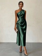Champagne Ruched Satin One Shoulder Sleeveless Sheath Midi Dress