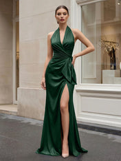 Navy Blue Halter V-Neck Satin Gown with Side Knot and High Slit Evening Dress