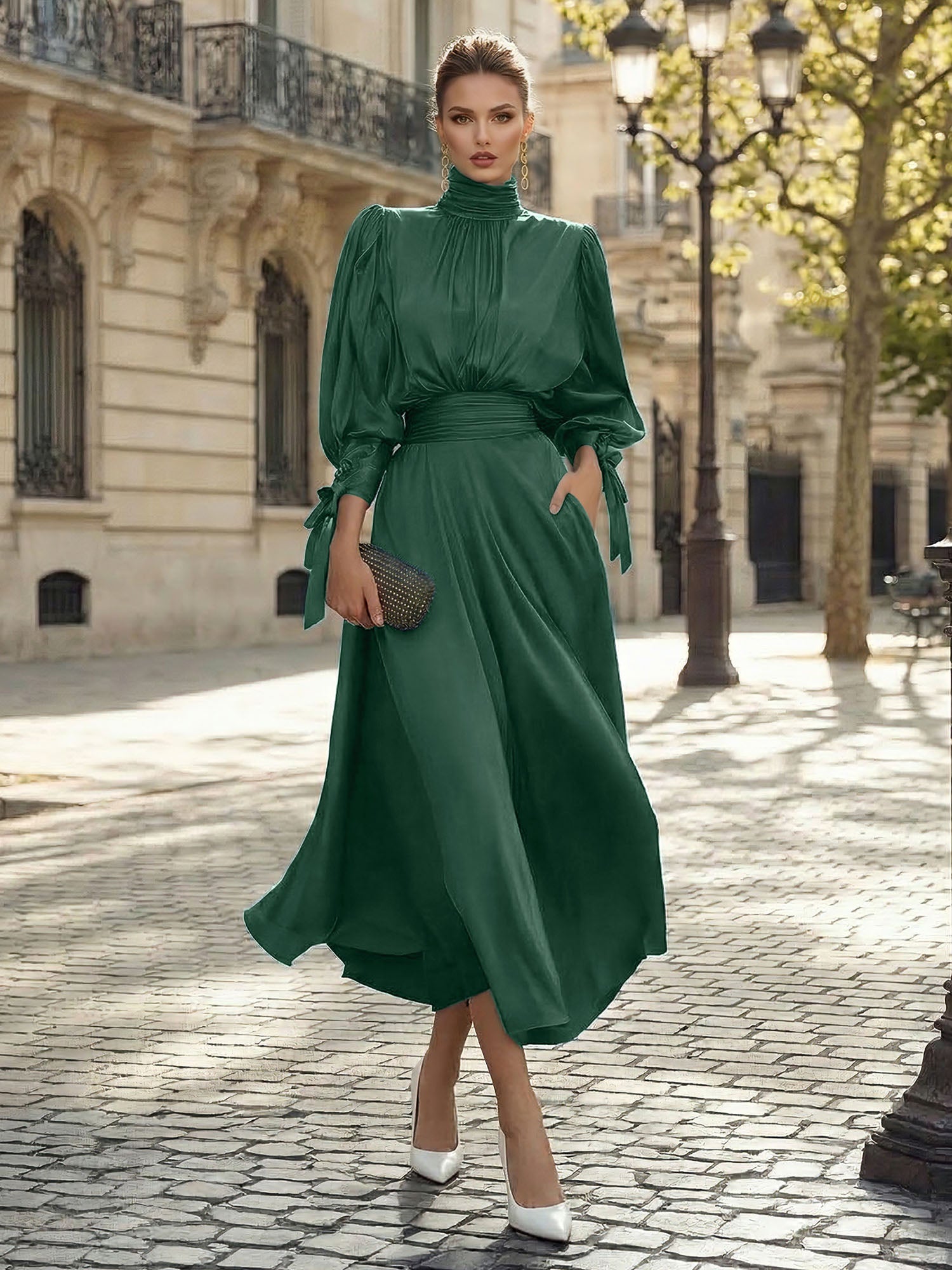 Sophisticated Emerald Green Satin High-Neck Midi Dress Gown
