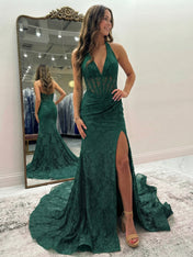 Black Mermaid Lace Halter Long Prom Dress with Slit