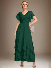 A-line V-Neck Ankle-Length Lace Chiffon Mother of the Bride Dress With Cascading Ruffles