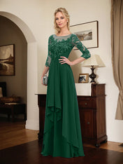 A-line Scoop Illusion Floor-Length Lace Chiffon Mother of the Bride Dress With Cascading Ruffles