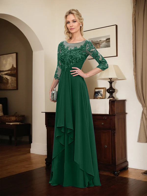 Robe de mère de la mariée trapèze en mousseline de soie et dentelle, longueur au sol, avec volants en cascade 