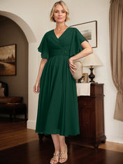 A-line V-Neck Tea-Length Chiffon Mother of the Bride Dress With Pleated Beading