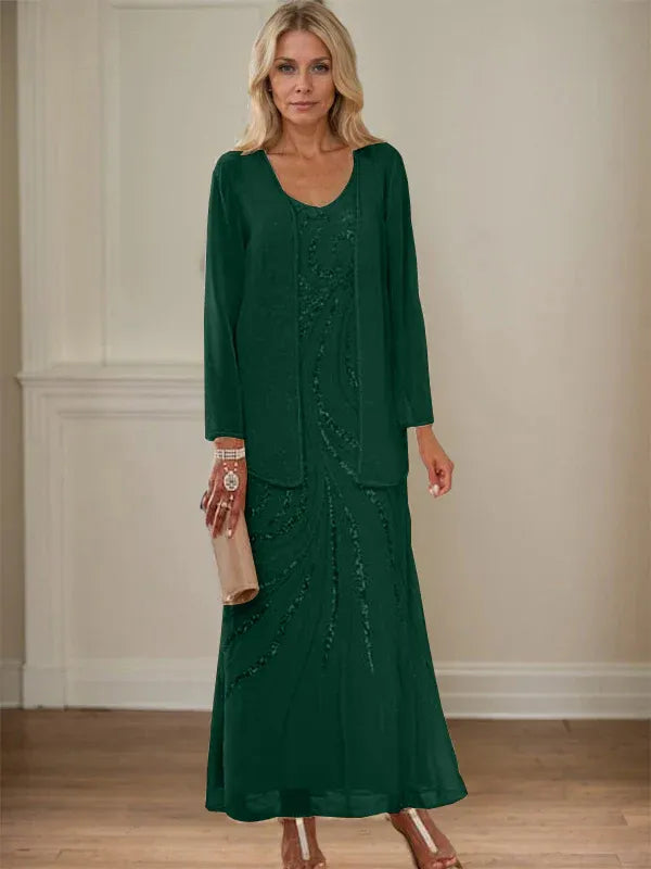 Robe de mère de la mariée fourreau/colonne, col en V, longueur cheville, avec veste et paillettes 