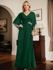 Robe de mère de la mariée fourreau/colonne, col en V, longueur au sol, en mousseline, avec paillettes plissées et perles 