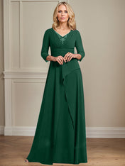 A-line V-Neck Floor-Length Chiffon Mother of the Bride Dress With Pleated Beading