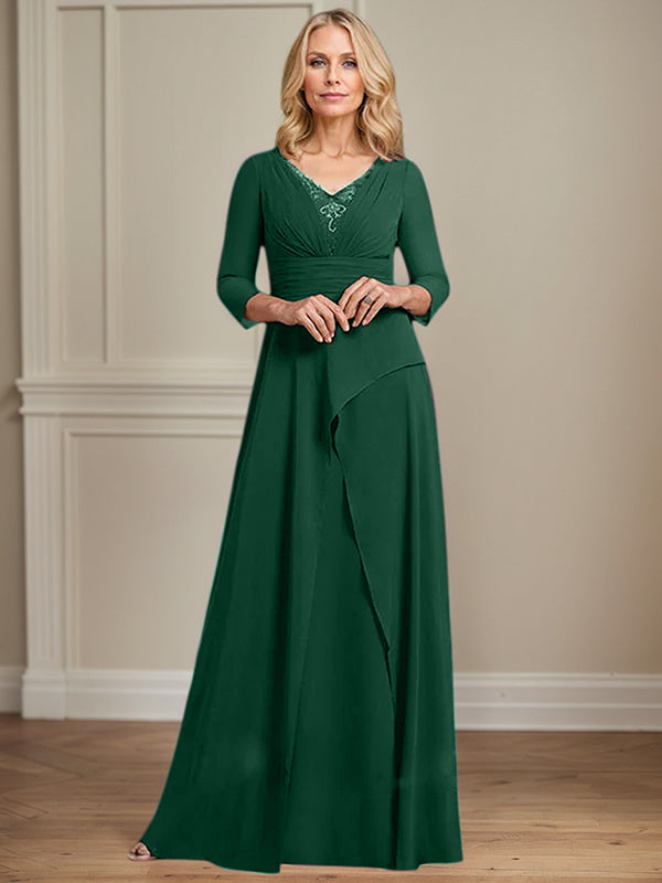 A-line V-Neck Floor-Length Chiffon Mother of the Bride Dress With Pleated Beading