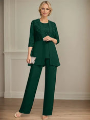 Jumpsuit/Pantsuit Separates Scoop Floor-Length Chiffon Lace Mother of the Bride Dress With Sequins
