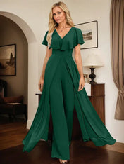 Jumpsuit/Pantsuit V-Neck Floor-Length Chiffon Evening Dress
