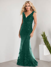 A-line V-Neck Floor-Length Lace Chiffon Mother of the Bride Dress With Applique Sequins Mermaid Dresses