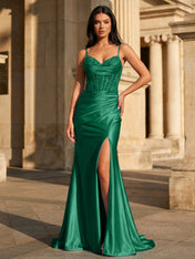 Sky Blue Satin Corset Long Prom Dress with Draped Neckline