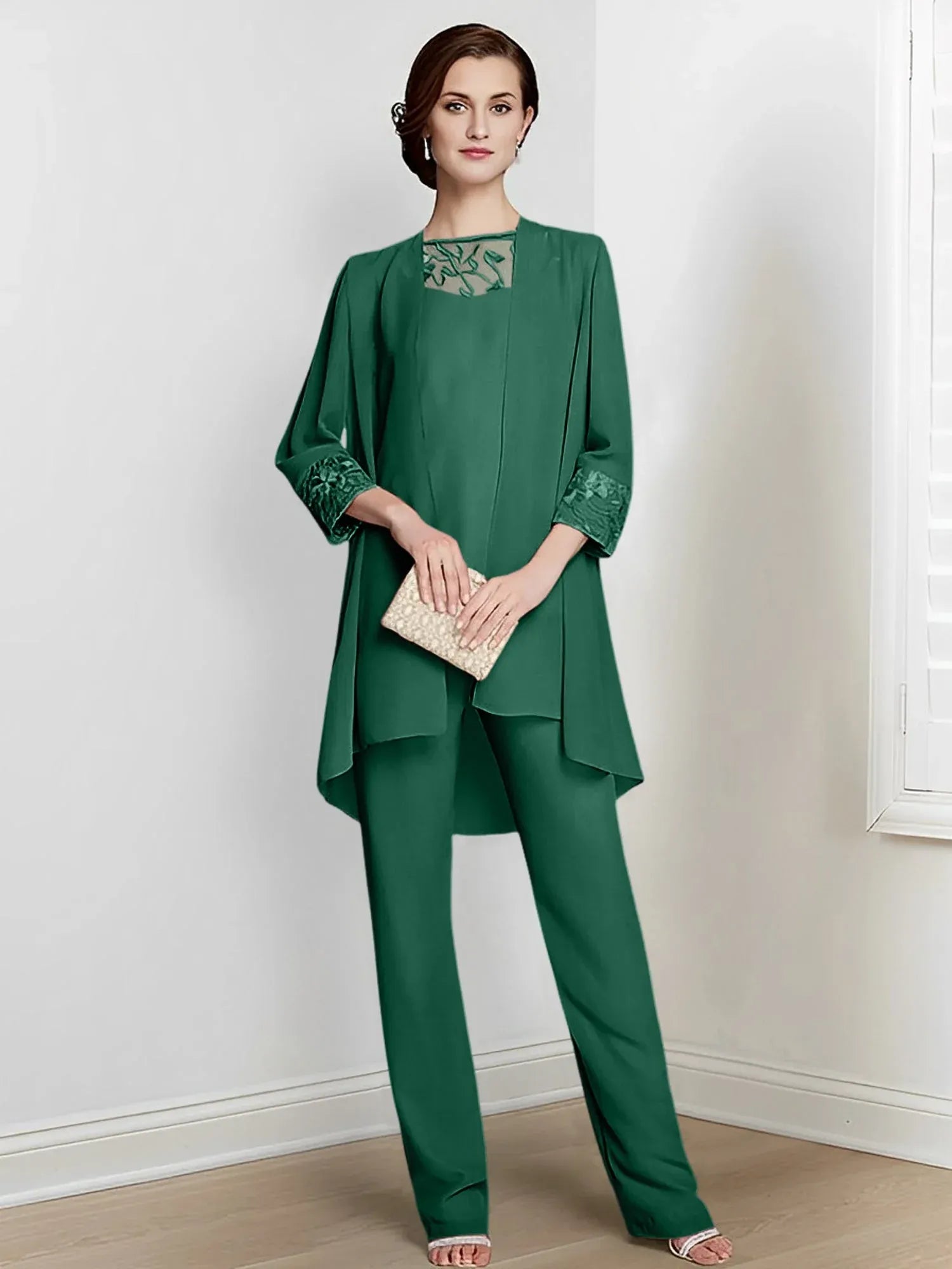 Tailleur-pantalon en mousseline à manches longues pour mère de la mariée avec veste 