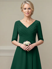 Dark Green A-line V-Neck Tea-Length Chiffon Mother of the Bride Dress With Pleated