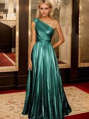 Golden A Line One Shoulder A Line Pleated Metallic Long Formal Dress