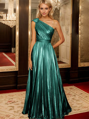 Golden A Line One Shoulder A Line Pleated Metallic Long Formal Dress