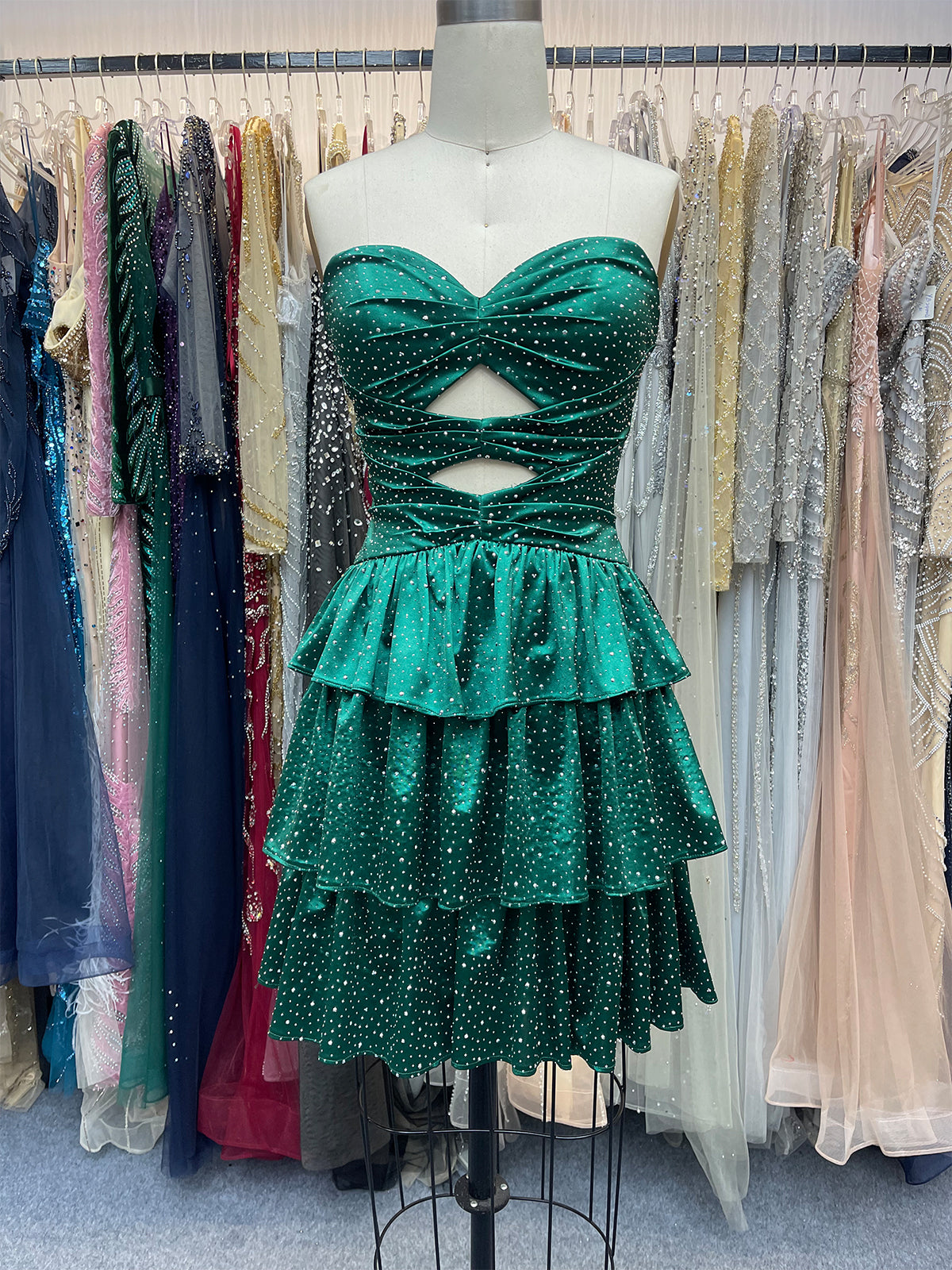 Dark Green A Line Strapless Sweetheart Satin Homecoming Dress with Keyhole