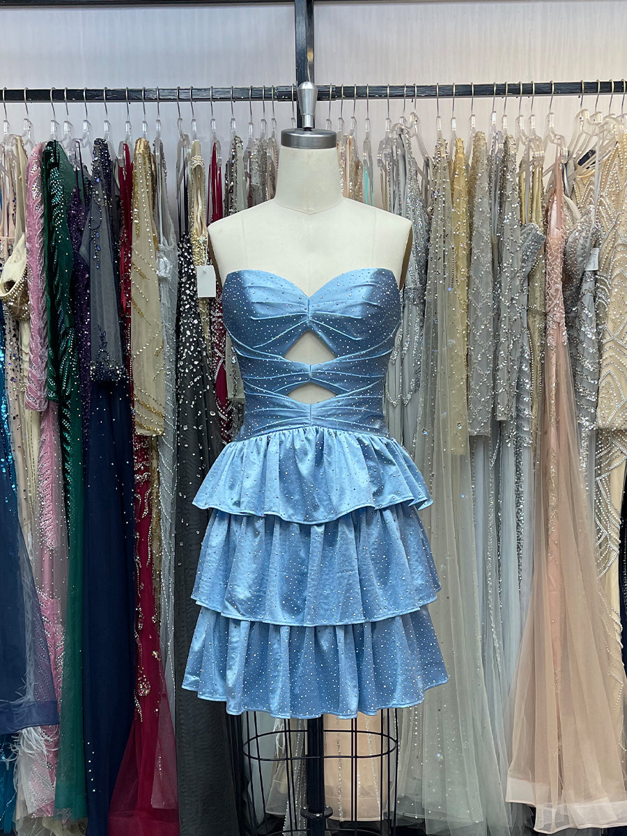 Royal Blue A Line Strapless Sweetheart Satin Homecoming Dress with Keyhole