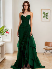 Dark Brown A Line Strapless Sweetheart Sheath Chiffon Tiered Long Formal Dress