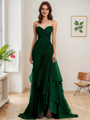 Dark Brown A Line Strapless Sweetheart Sheath Chiffon Tiered Long Formal Dress