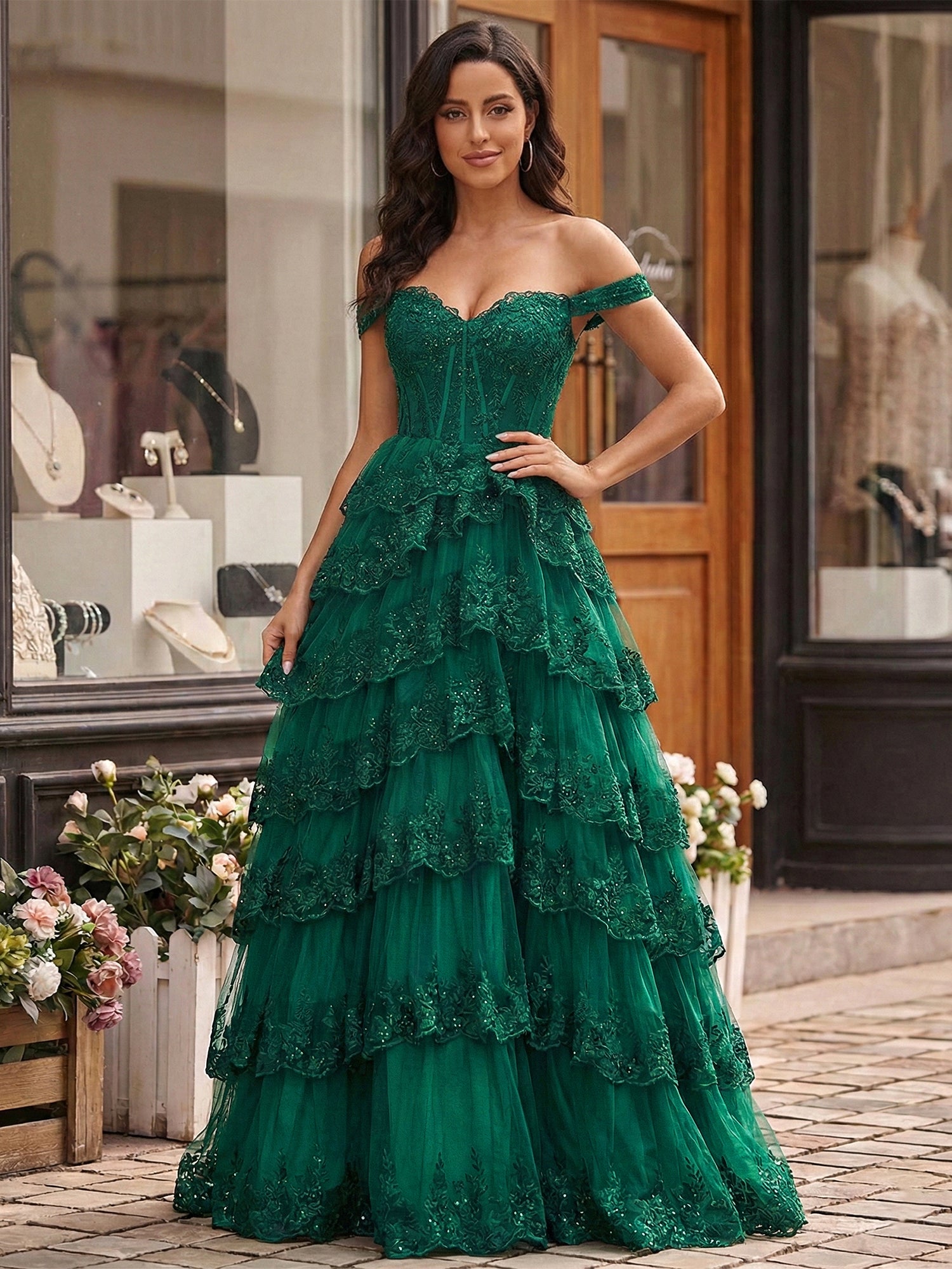 Emerald Green Lace Corset Tiered Ruffle Long Prom Dress with Slit