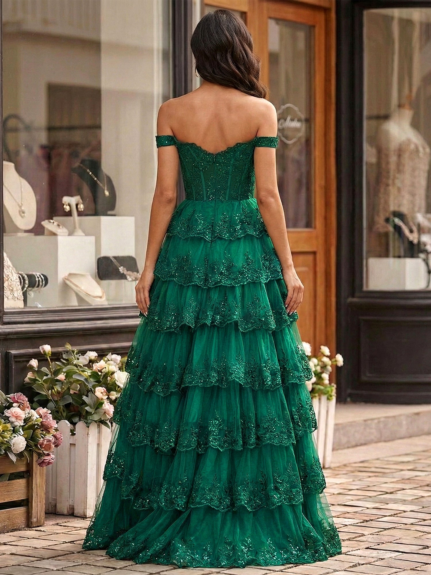 Emerald Green Lace Corset Tiered Ruffle Long Prom Dress with Slit