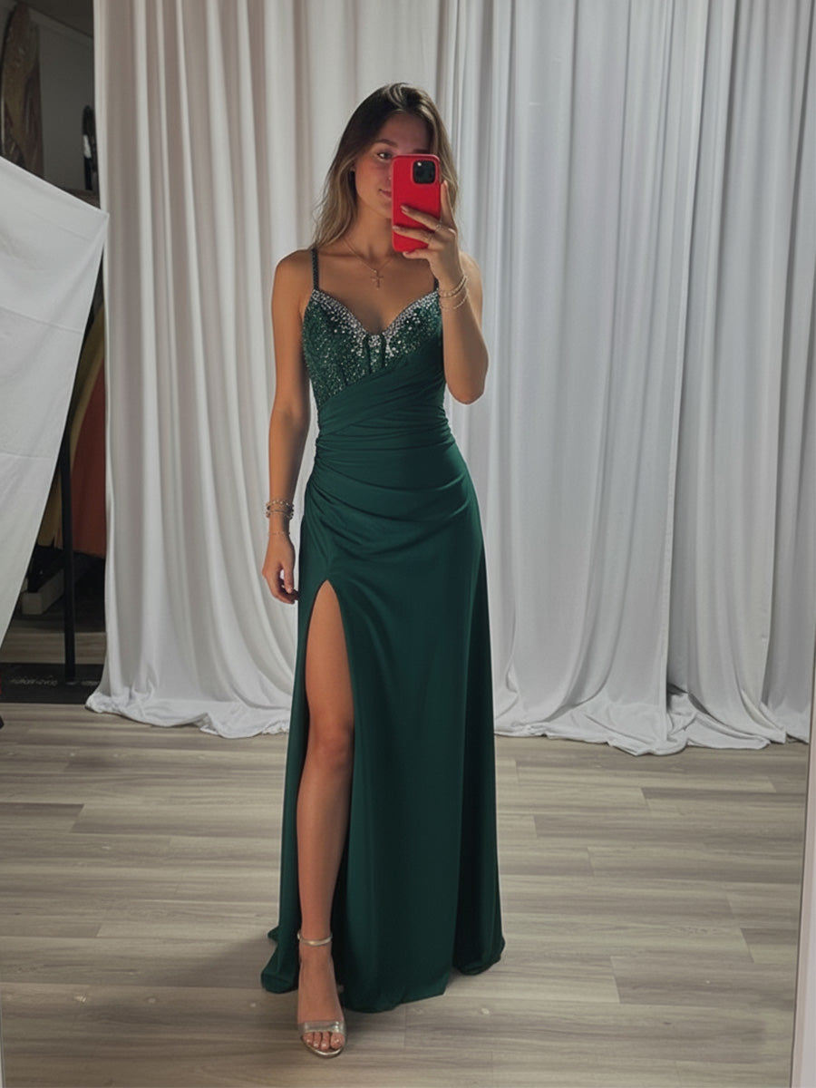 Dark Green Beaded V Neck Corset Bodice Long Prom Dress with Slit