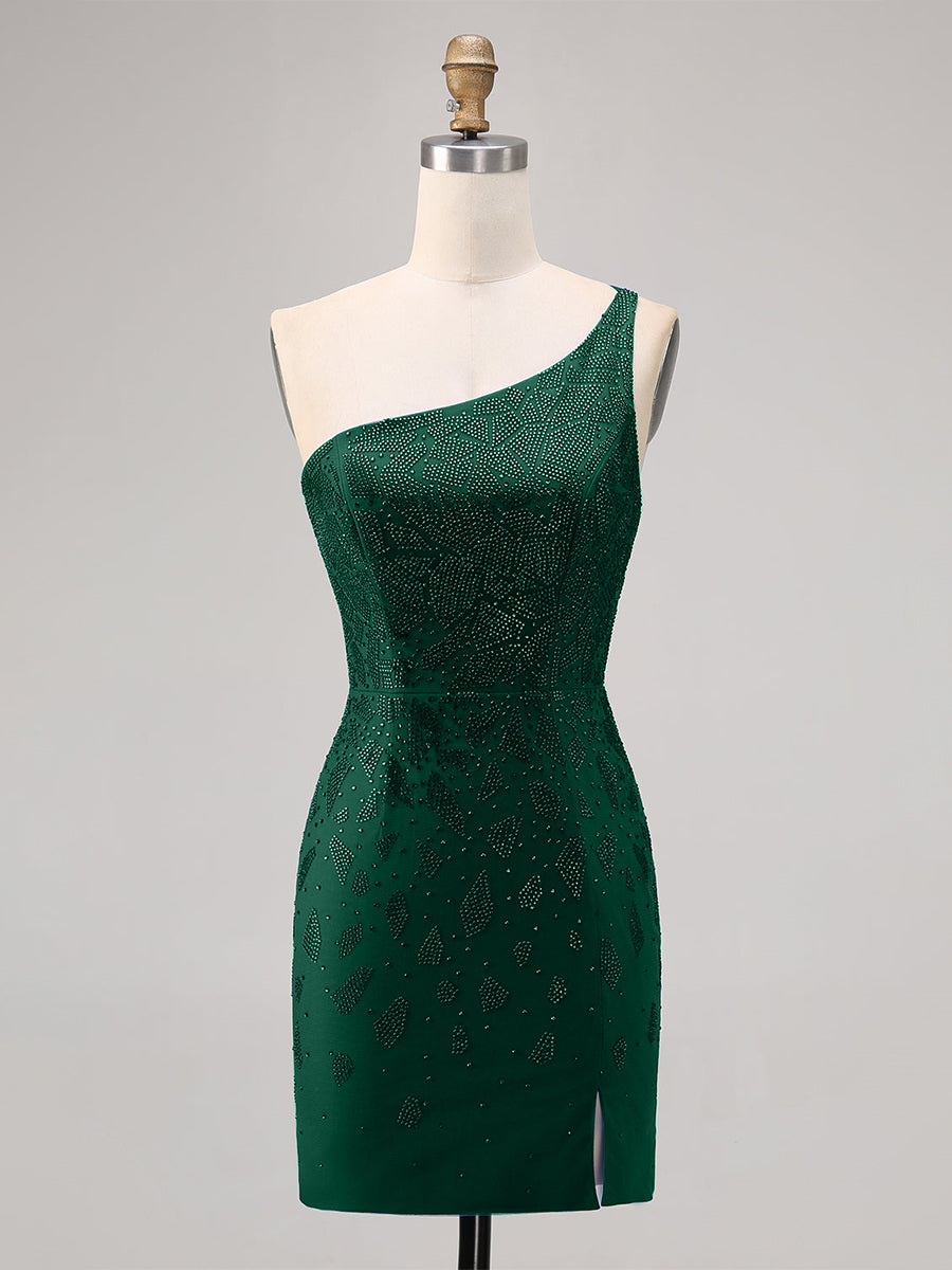 Dark Green Bodycon One Shoulder Beaded Homecoming Dress with Slit