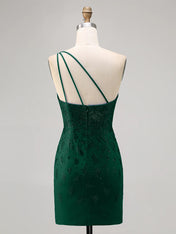 Dark Green Bodycon One Shoulder Beaded Homecoming Dress with Slit