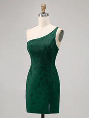 Dark Green Bodycon One Shoulder Beaded Homecoming Dress with Slit