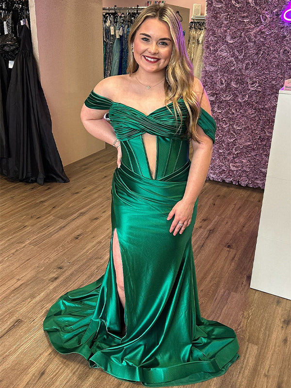 Red Mermaid Off the Shoulder Corset Long Prom Dress with Slit