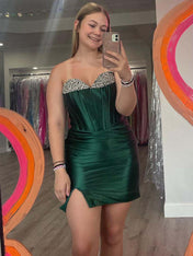 Dark Green Strapless Corset Homecoming Dress with Beads
