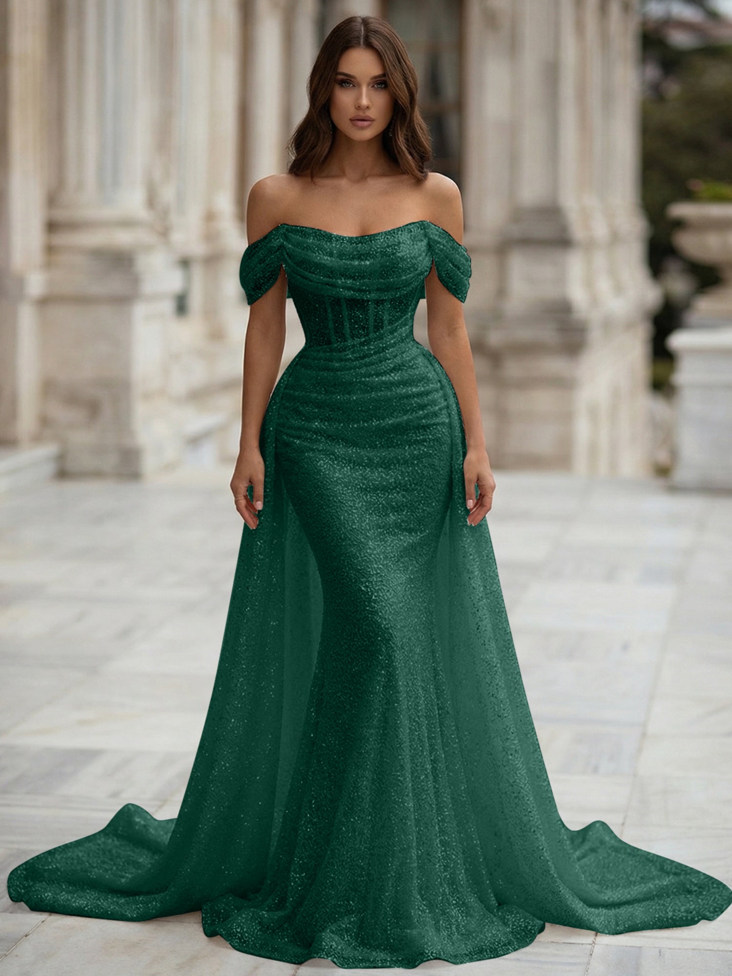 White Sequin Corset Mermaid Prom Dress with Overskirt